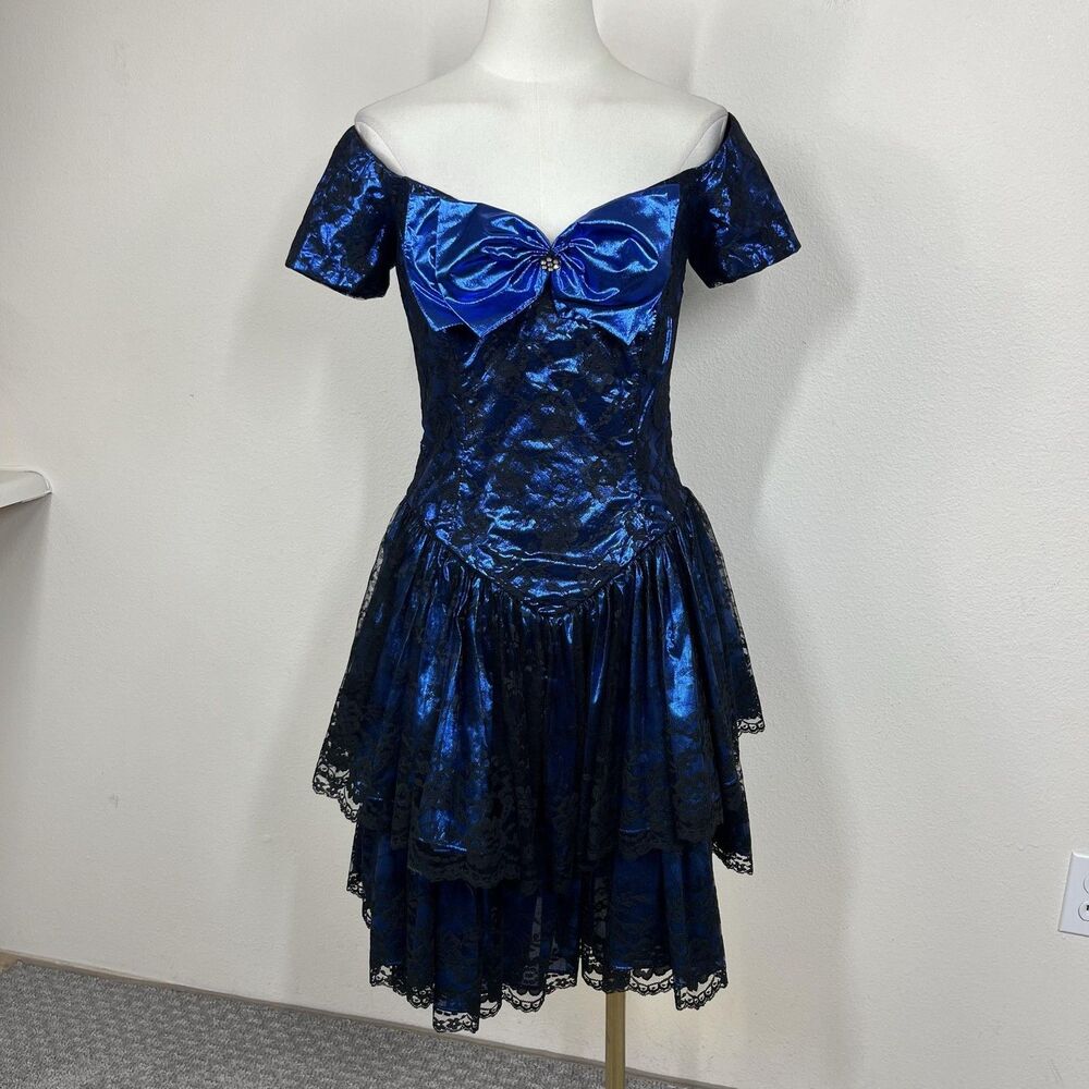 Vintage Loralie Dress Womens 8 Blue Lace Bow Ruffle Whimsigoth Prom 80s Formal